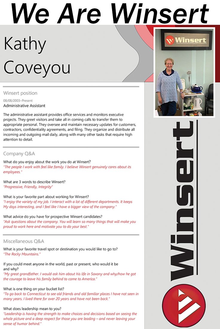 Winsert1977's tweet photo. Winsert would like to present an Employee Highlight of Kathy Coveyou, and thank her for taking time to share some things about herself. Kathy just celebrated her 19 year anniversary here at Winsert. We look forward to seeing her smiling face greeting us everyday. 
#WeAreWinsert https://t.co/r64lhQDALd