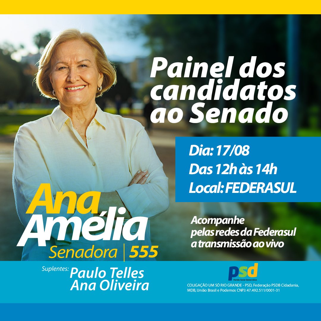 anaamelialemos's tweet photo. Amanhã, teremos a primeira oportunidade de conhecer as propostas e a experiência que cada candidato pode oferecer ao Senado Federal. Acompanhe ao vivo nas redes da Federasul!

#Federasul #Painel #propostas #experiência #Eleições2022 #AnaAmelia #Senadora #PSD #RioGrandeDoSul https://t.co/EwAiGkShy4