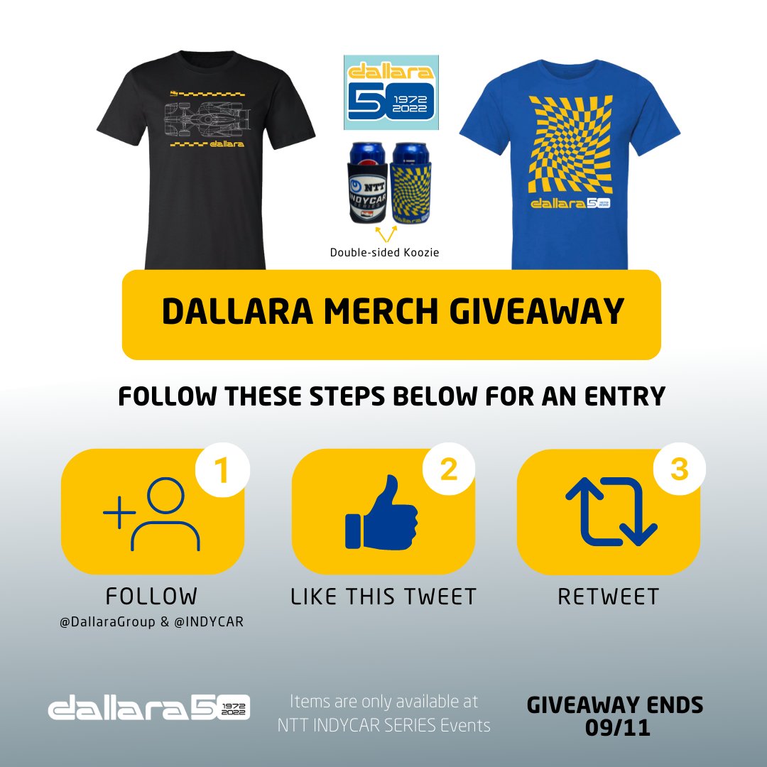 DallaraGroup's tweet image. 🚨DALLARA MERCH GIVEAWAY🚨

Enter this giveaway of Dallara merchandise items that are only available at NTT @IndyCar SERIES Events!

FOLLOW THESE STEPS TO ENTER
1⃣ Follow @DallaraGroup &amp;amp; @IndyCar 
2⃣ Like this tweet
3⃣ Retweet this tweet

One winner selected. Giveaway ends 09/11.