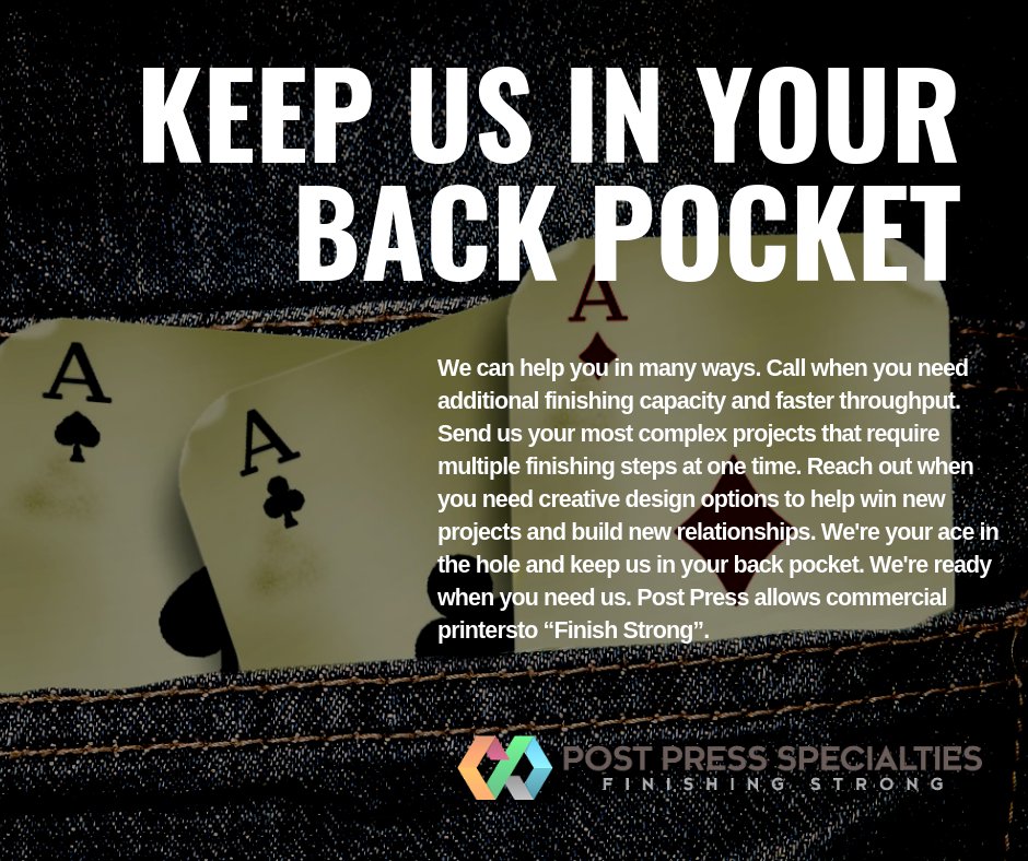 PostPressKC's tweet photo. We're your ace in the hole. If your post-press department has overflow work, we're happy to help. Visit us at https://t.co/yNiX5ZWW7D or call 816-257-1919 #bindery #spotvarnish #postpress #finishstrong #printfinishing https://t.co/ZyTallpkpu