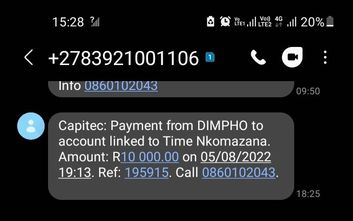 DimphoAngela99's tweet photo. Remember that time capitec had "technical problems"... that day was my payday..
When the app was working again
I got a notification that my salary ingenile kaw2!
So I send 10k to Tim Nkomazana ukuthi angbambele while I open a standard bank account. 
His number is 0719696790 https://t.co/ZepSLp7qmv