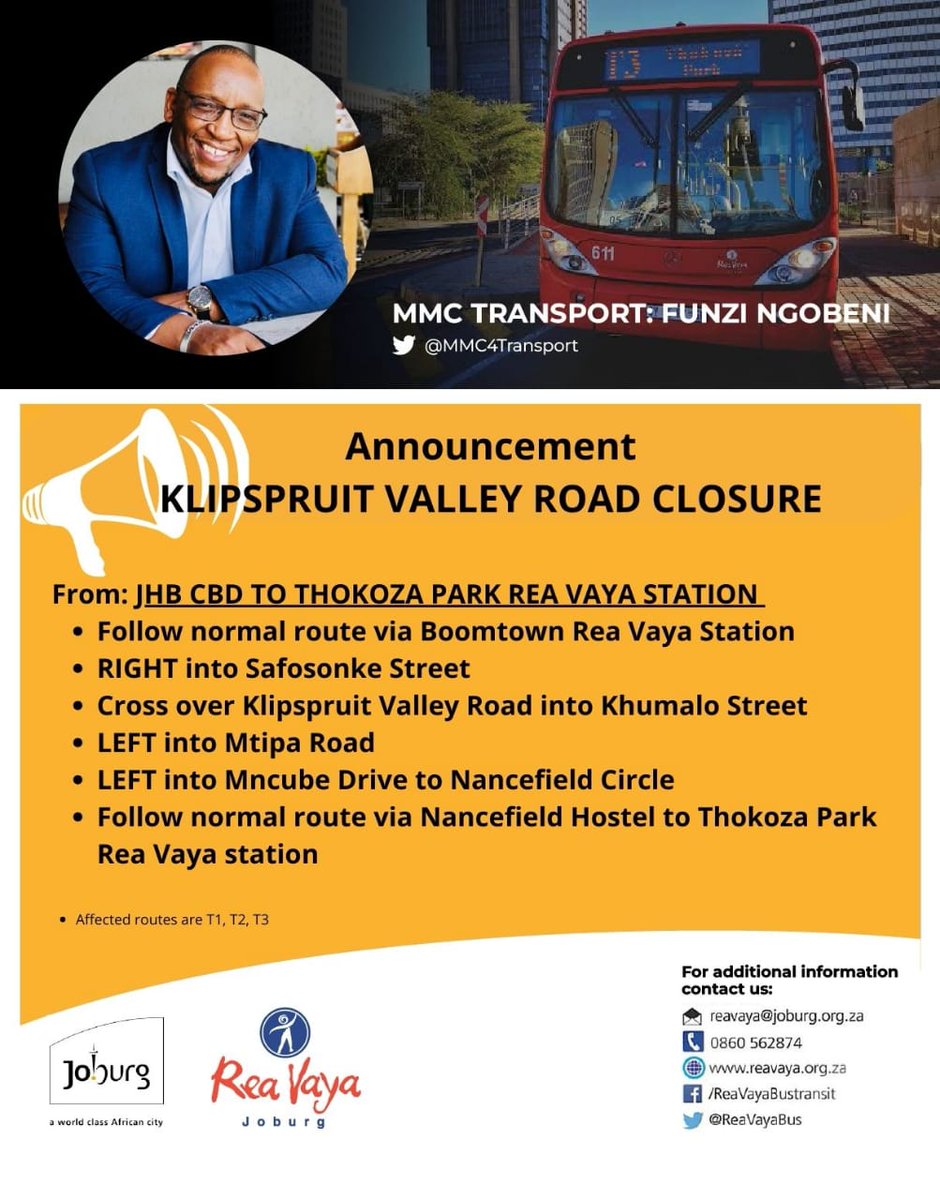 Olebo1985's tweet photo. Important Notice:

Closure of Klipspruit Valley Road in Soweto due to extensive road repair work by @MyJRA effective Wednesday, 17 August 2022 until end November 2022. Below is the alternative @ReaVayaBus route for T1, T2 and T3
@CityofJoburgZA 
@MMC4Transport 
@mphophalatse1 https://t.co/GPb8zyVIEo