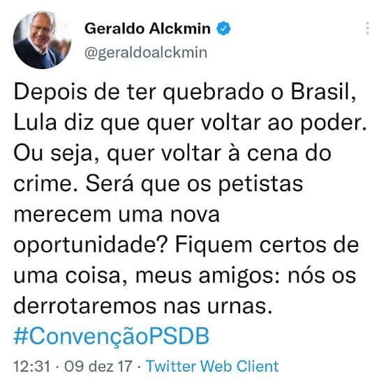 renatajbarreto's tweet photo. Alckmin ajudando Lula a voltar à cena do crime… patético https://t.co/hBEpb8Sy1i