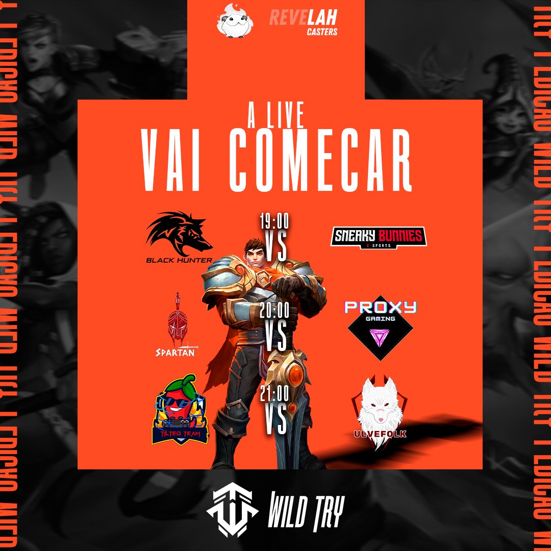 Mais um dia de camp e mais um dia de jogãooo!!!

19h
Black Hunter x Sneaky Bunnies
20h
Spartan x Proxy Gaming
21h
Tilted Team x Ulvefolk

Juntamente com nossas narradoras:
<a href="/AQuietMage/">SL Vodan 🏳️‍⚧️</a> e <a href="/sudleslol/">sudles</a> 

Parcerias:
<a href="/RevelahCasters/">ReveLAH Casters</a> <a href="/pororaivoso/">Poro Raivoso - Wild Rift</a>