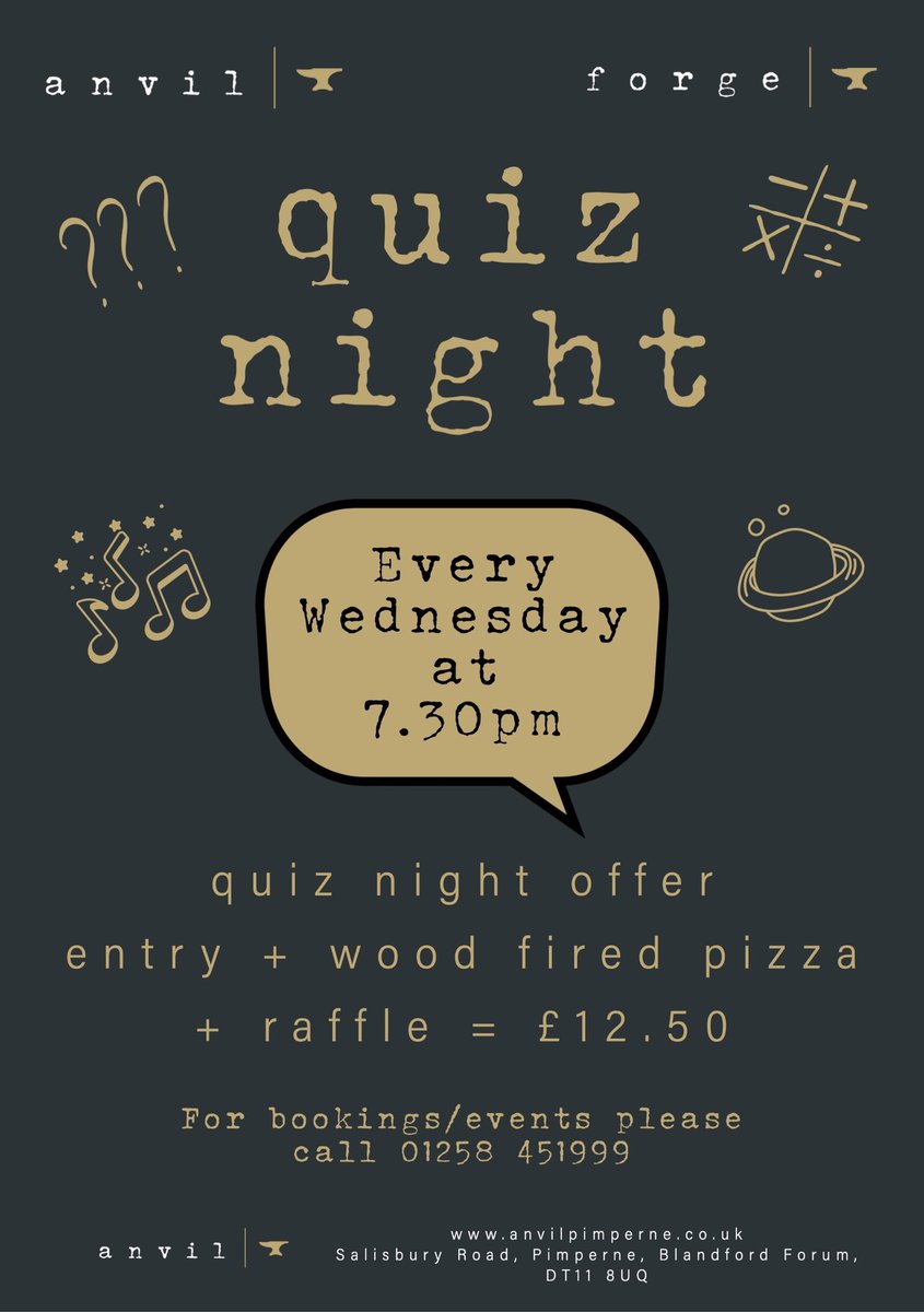 Quiz night tomorrow! 🙌🏻 book in for the quiz &amp; enjoy a pizza too? £12.50 for your entry, raffle &amp; a wood fired pizza 🍕 book your tables here 👉🏻 anvilpimperne.co.uk