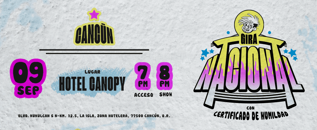 Gira Nacional con #CertificadoDeHumildad

<a href="/iztaparrasta/">Lalo Elizarrarás</a> el primer y único comediante en dar show en cada una de las 16 alcaldías de la Ciudad De México,  ¡llega a Cancún!

Viernes 9 de Septiembre, 7pm.
Hotel <a href="/canopycancun/">canopycancun</a> 

Boletos desde $450

🎟️ buff.ly/3Qu4v3M