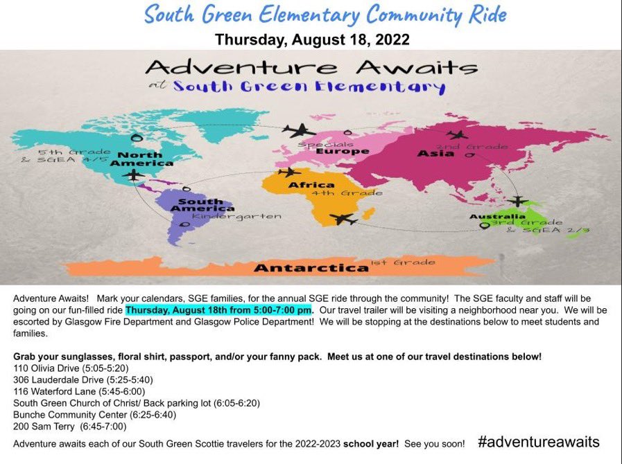 SouthGreenElem's tweet photo. Itβs almost time!!! We will be coming to a neighborhood near you! Adventure awaits our South Green Scotties! See below for our annual Ride through the Community! #growingandlearningtogether #findingourgift #adventureawaits https://t.co/jO0gafsZqV