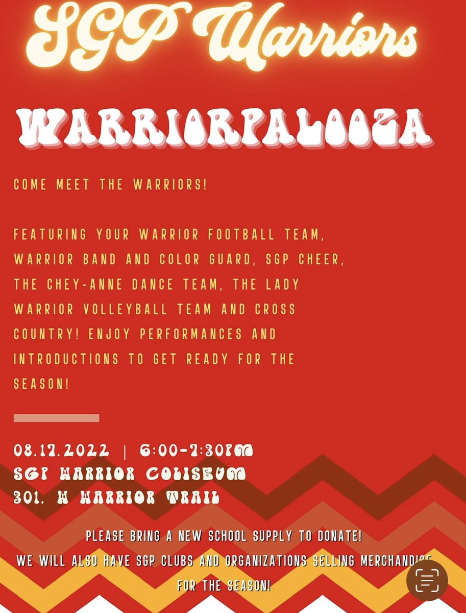 SGPHS's tweet photo. Don’t forget about WARRIORPALOOZA tomorrow August 17th. You are invited to come meet our Warriors at 6:00pm in the Warrior Coliseum. There will be performances, team introductions, merchandise to purchase, and much more. Please bring a school supply item to donate if possible. https://t.co/k11Tda5A9K
