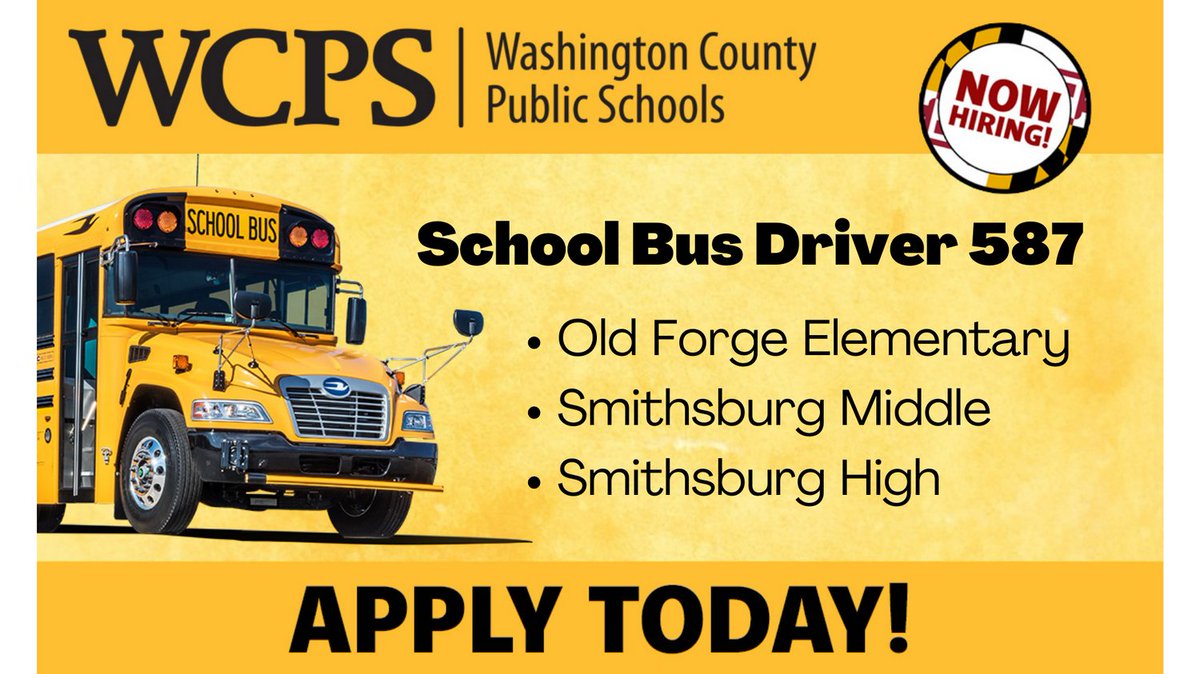 WCPS Transportation is accepting applications for School Bus Driver Bus 587. Apply today at wcpshr.com

WCPS is offering 2% additional compensation to new, eligible employees in addition to base salaries for the 2022-2023 school year.