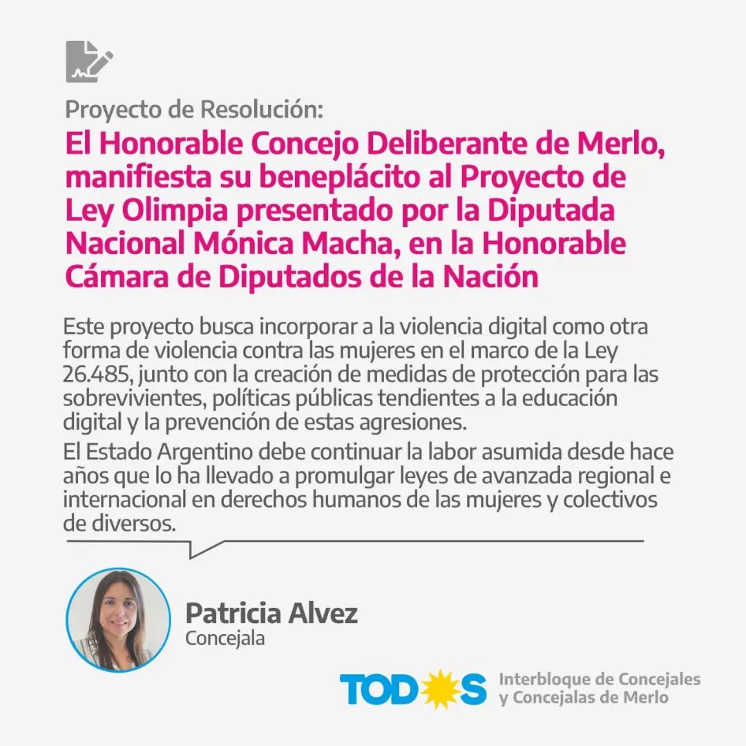 Patriciaalvez's tweet photo. En el @HCDMerlo presenté un proyecto de resolución para expresar beneplácito al proyecto de #LeyOlimpia presentado por la compañera @MoniMacha . https://t.co/oIXBs8sUSF