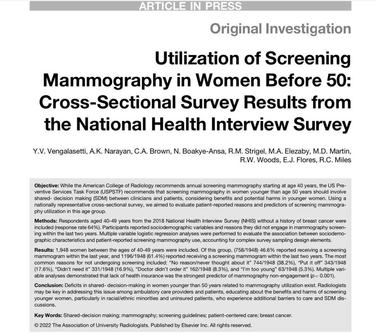 Erina Quinn, DO (@erina_quinn) on Twitter photo 📄 In Press <a href="/AcadRadiol/">Academic Radiology</a>
Radiologists are KEY to addressing deficits in shared-decision making of mammography in women <50 years by educating healthcare providers on:
✅Screening Pros & Cons
✅Screening Strategies 🤔
✅Advanced Imaging Techniques🩻
academicradiology.org/article/S1076-… 📄 In Press <a href="/AcadRadiol/">Academic Radiology</a>
Radiologists are KEY to addressing deficits in shared-decision making of mammography in women <50 years by educating healthcare providers on:
✅Screening Pros & Cons
✅Screening Strategies 🤔
✅Advanced Imaging Techniques🩻
academicradiology.org/article/S1076-…