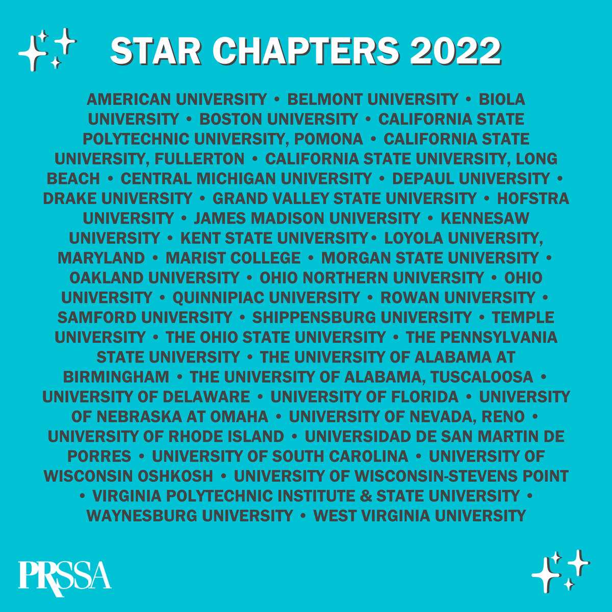 prssaofficial's tweet photo. Congratulations to the 2022 PRSSA Star Chapter Award recipients! These chapters are the gold standard for PRSSA chapters because of their excellent programming and relationship building opportunities! https://t.co/CSv7kux18d