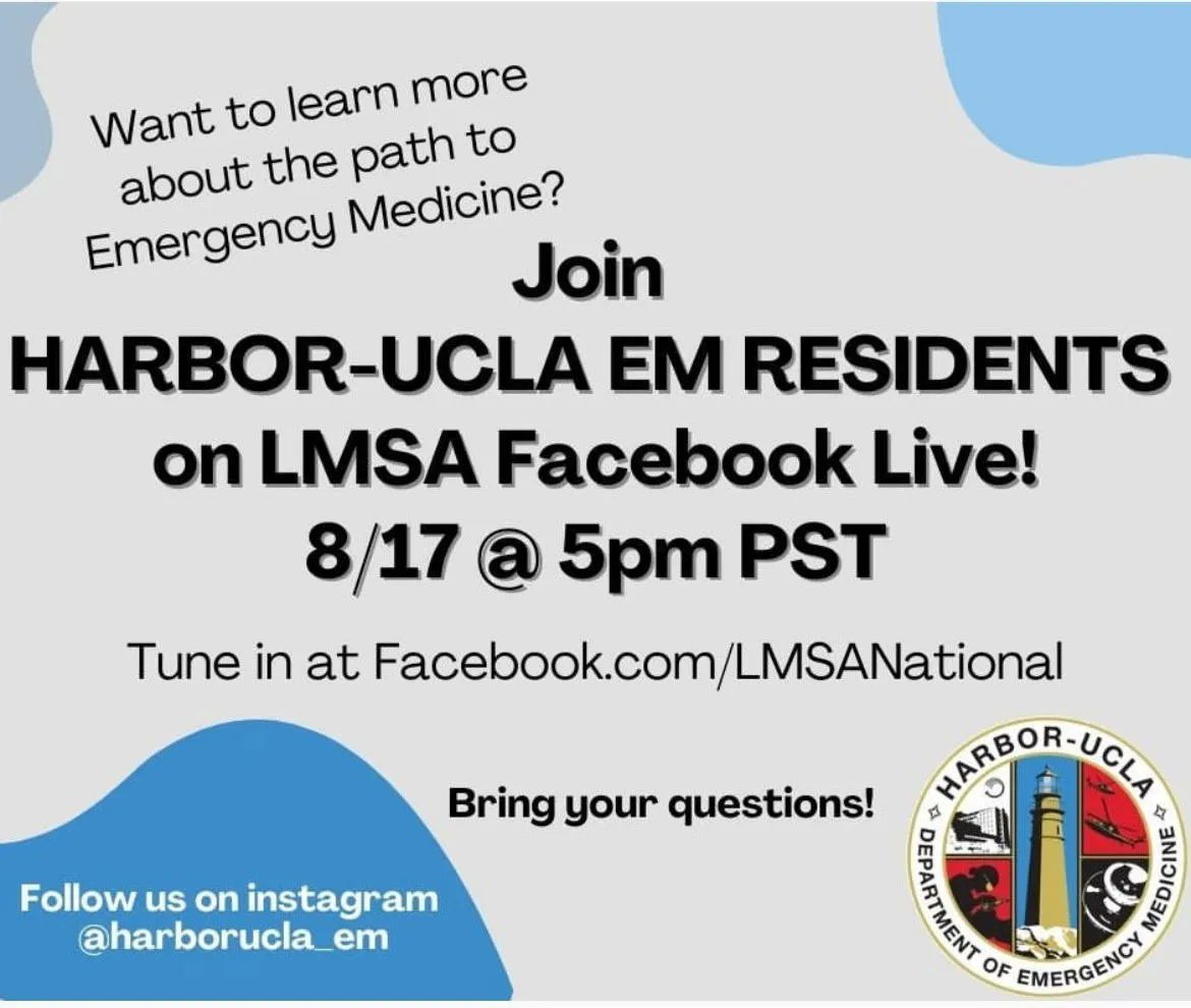 Join use tomorrow with <a href="/LmsaNational/">LMSA National</a> on Facebook Live as we discuss the path towards a career in #emergencymedicine with our residents! Link in the photo below. 

#EMBound #Match2023 #HarborUCLA