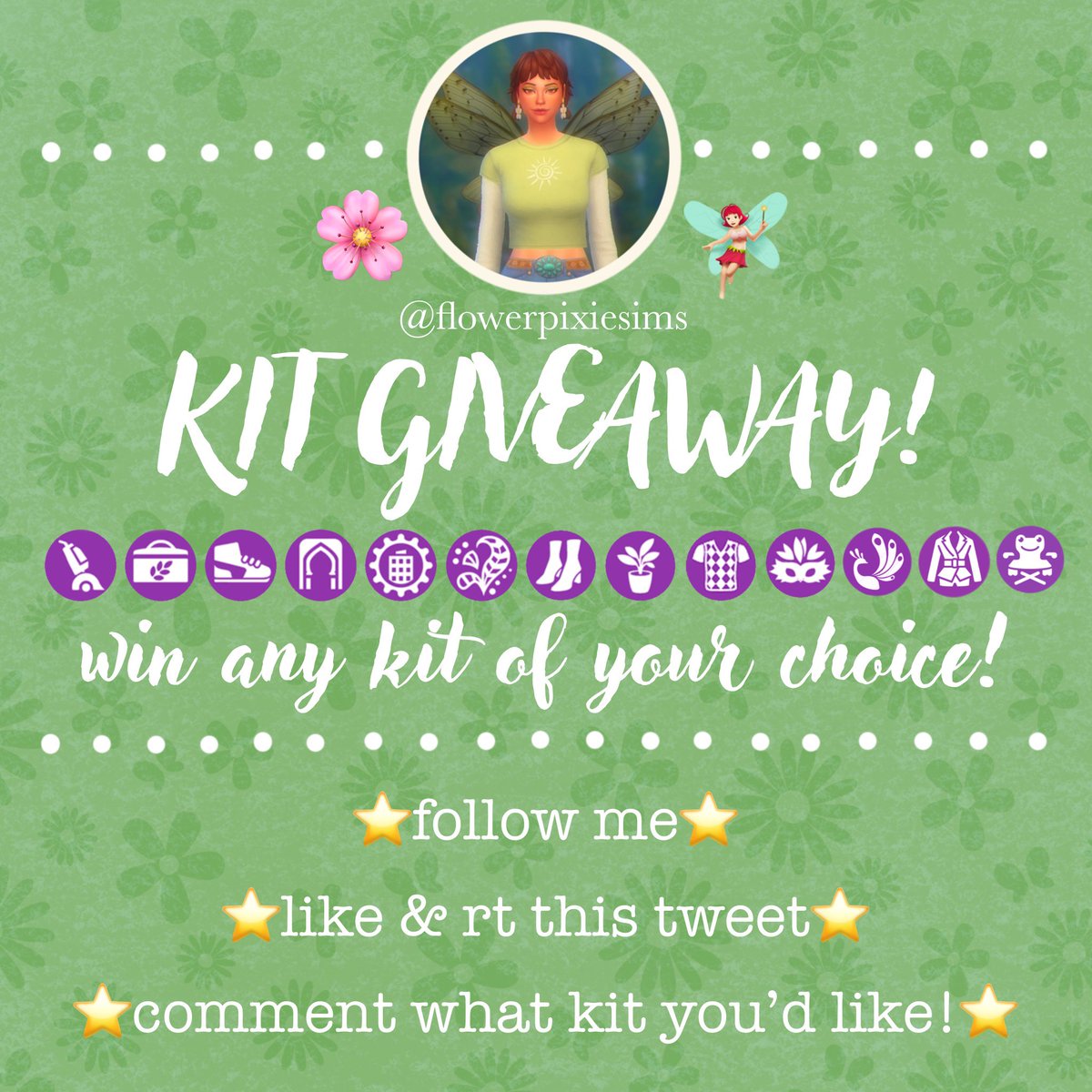 flowerpixiesims's tweet photo. I’M DOING A GIVEAWAY!!! 
i’ll be giving away any kit of your choice. all you have to do is follow the rules below! i’ll be picking the winner on my birthday, august 28th!! ☺️
good luck! ✨💗
(pc only) 
#TheSims #TheSims4 #TheSims4Giveaway #Giveaway https://t.co/Mk7Y07fHQb