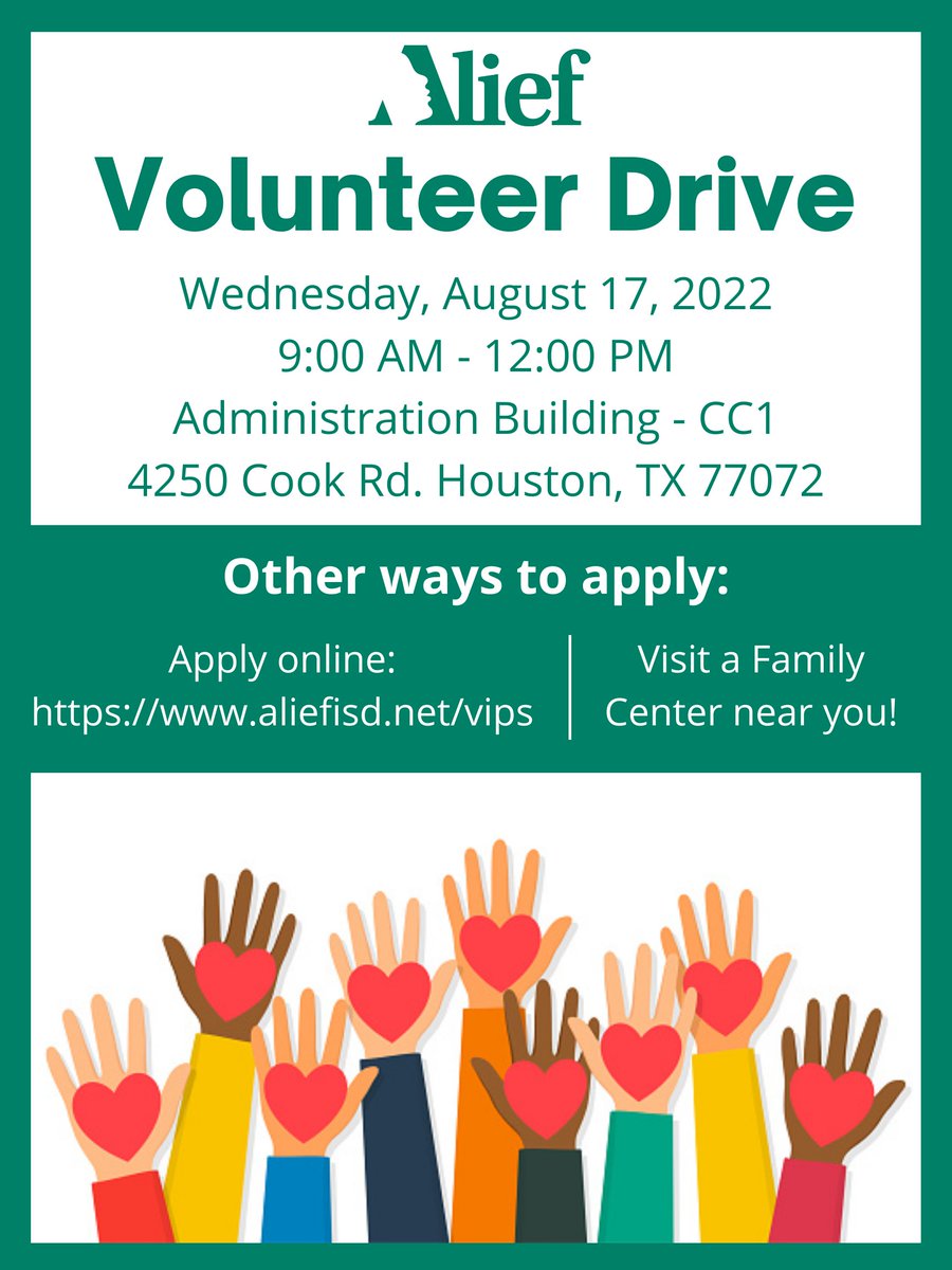Join us for a Volunteer Drive TOMORROW, August 17, at the Administration Building. See flyer for details.
If you would like to volunteer, please sign up here: aliefisd.net/vips