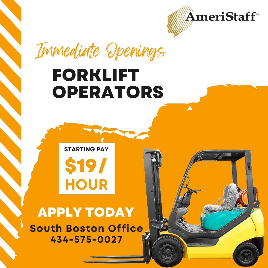 AmeriStaff's tweet photo. Calling all forklift operators!! We need YOU to apply now at our South Boston office! Starting pay is $19/hour. Call now! 434-575-0027 #nowhiring #applytoday #forkliftoperator #forkliftdriver https://t.co/jm8QDFHhmK