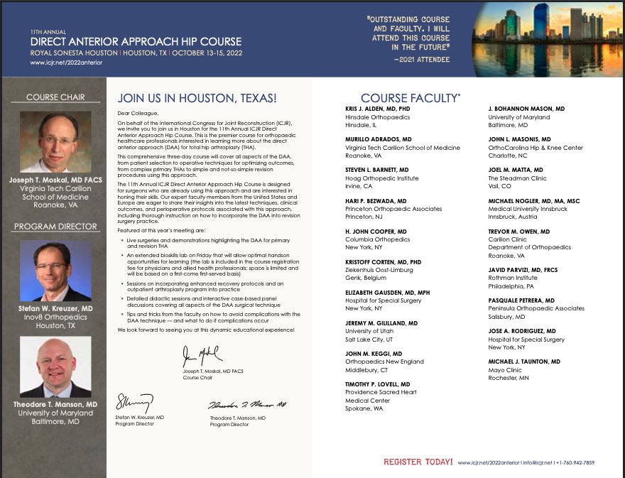 The 11th Annual Direct Anterior Approach Course is coming up on October 13-15th in Houston, TX. 

Click below to view our full brochure and to register now!

files.constantcontact.com/873189d6601/62…