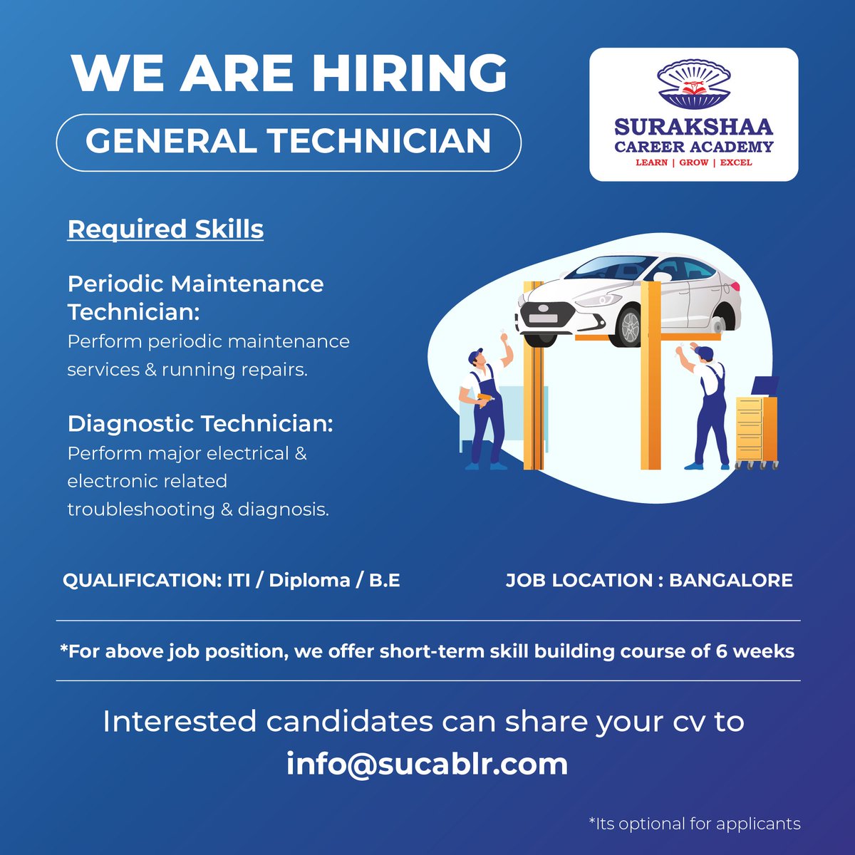SurakshaaCareer's tweet photo. We are Hiring:
General Technician for Automobile Industry.
Interested candidates can share your CV to info@sucablr.com
#hiring #job #training #cv #freshers #recruitment #serviceadvisor #automobilejobs #bangalore https://t.co/B8Sdexz8bh