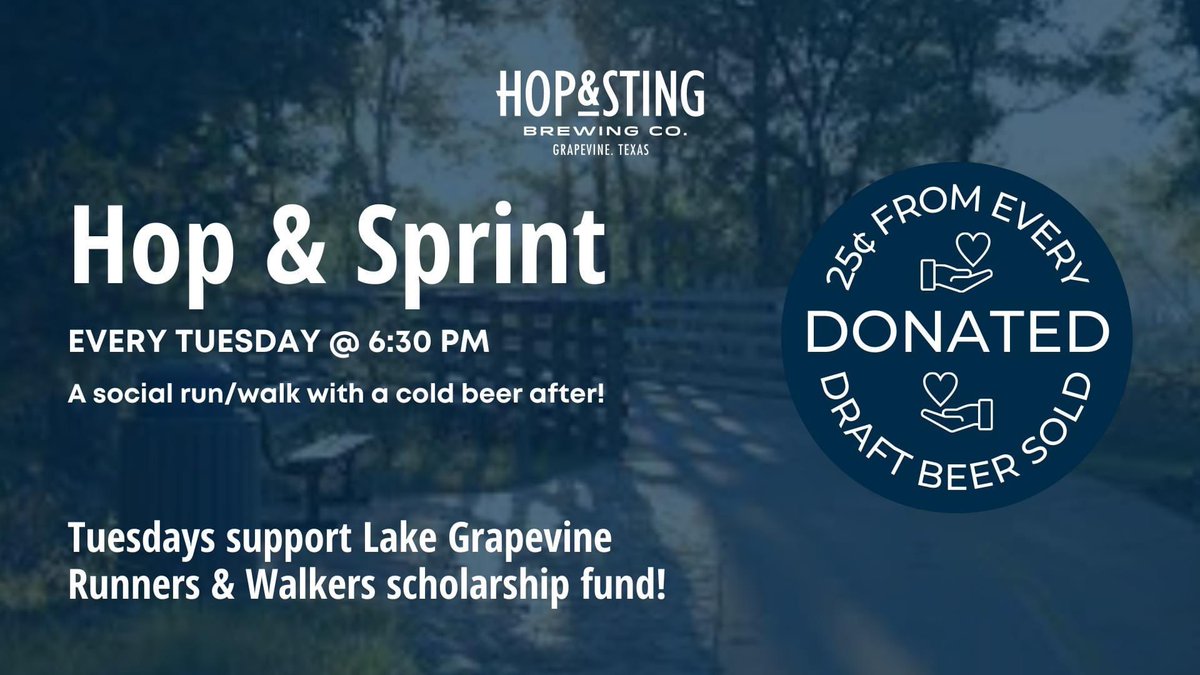 LakeGrapevineRW's tweet photo. It’s Tuesday, our favorite weekday! 
Hop. Sprint. Drink. FUNdraise! 
Meet us @hopandsting  6:30 PM! 

#rungrapevine #drinklocal #runclub #craftbeer #lgraw #supportlocal #beerrun #runchat #runnerfun https://t.co/VqVnzTX5AY