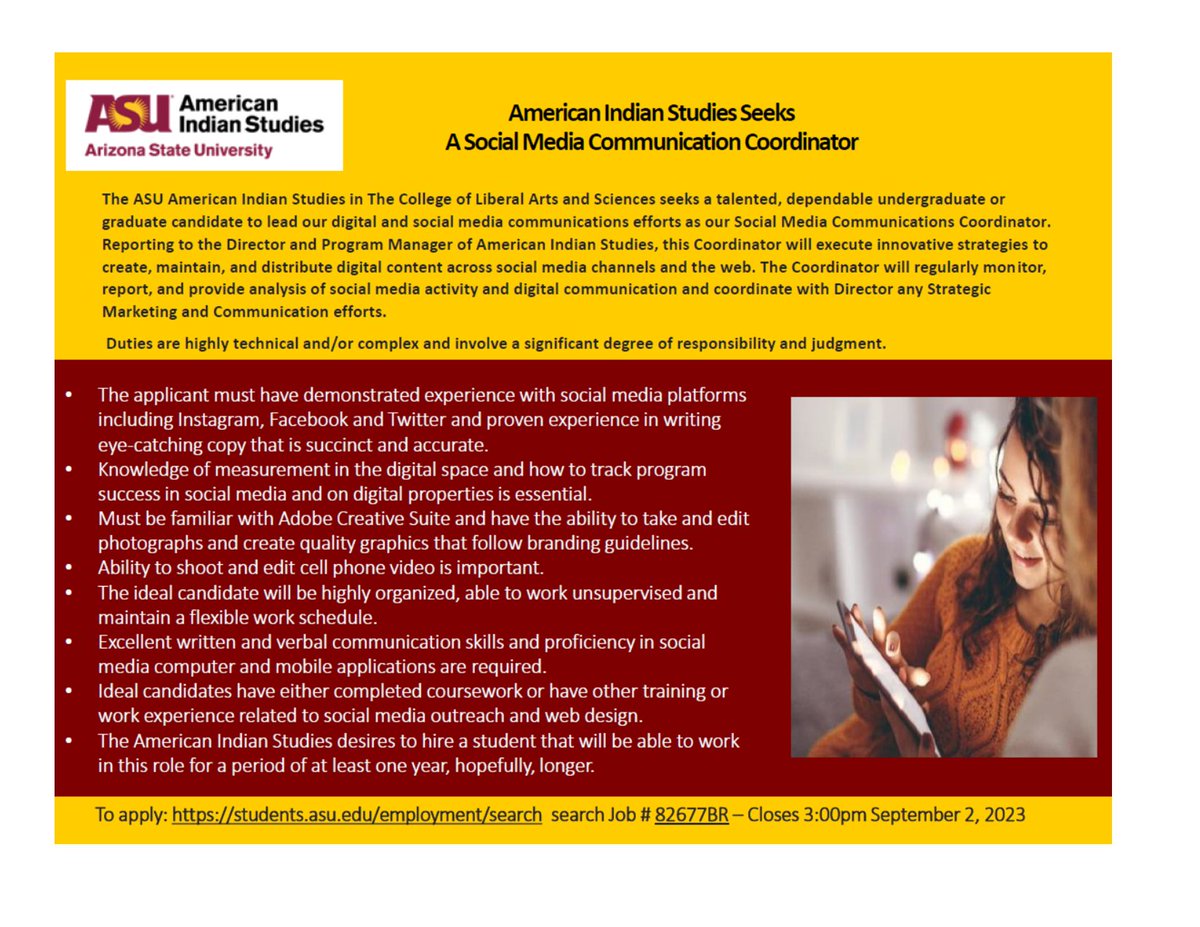 ASU_AI_Studies's tweet photo. American Indian Studies is seeking to hire a Social Media Communication Coordinator.  See flyer if interested for more information.  Here is the link to apply!  
https://t.co/SIbERAU0p1 https://t.co/xy9ECpSW0W