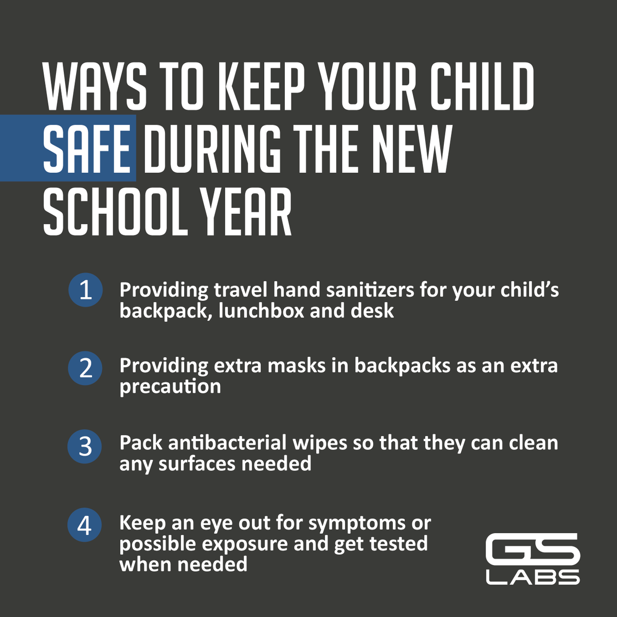 GSLabsTestingUS's tweet photo. As a new school year quickly approaches, it's important to take extra precautions to keep your child safe during the COVID-19 pandemic.

Vvisit our website to find the nearest GS Labs testing site and schedule your appointment. ⬇️
📲 https://t.co/uobcl2ztqm https://t.co/RXCrkmVRij
