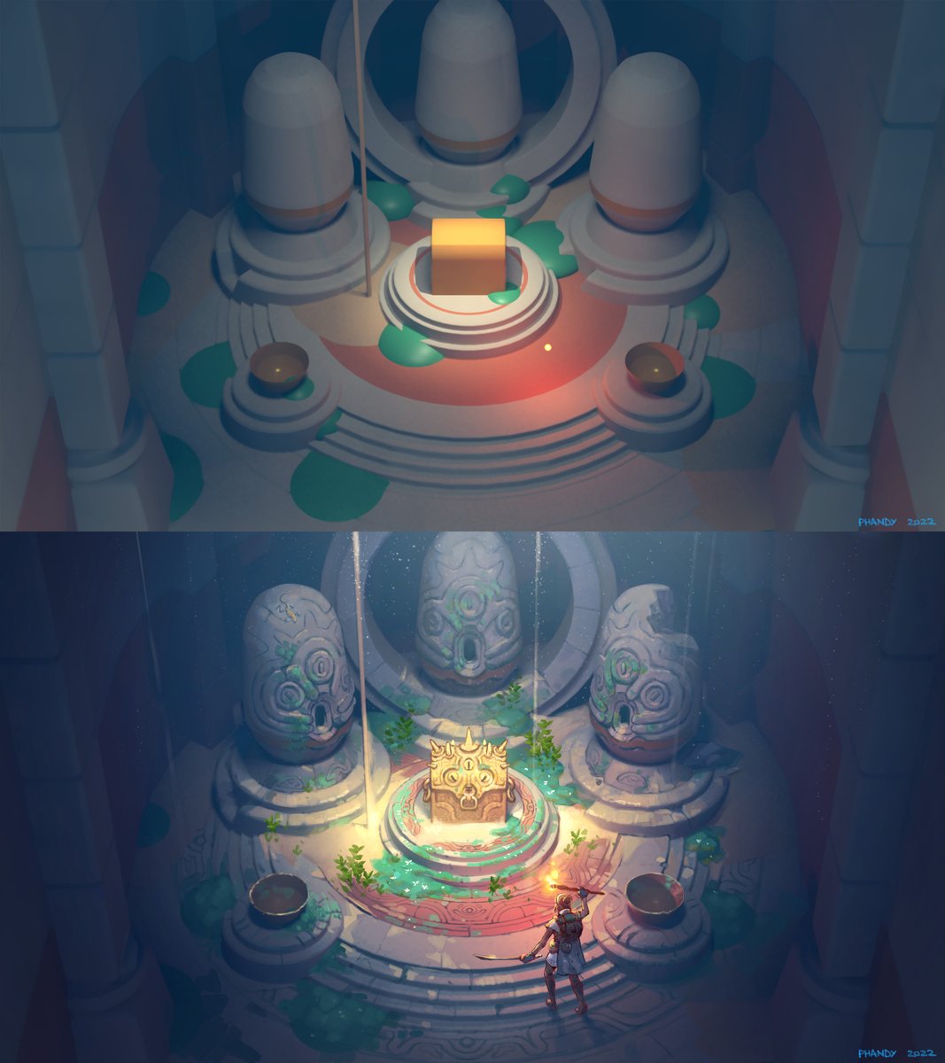 PROCESS! I know some people enjoy this stuff: so here's a blockout vs painting comparison. I try to not get 3D to solve too much for me, its mostly perspective, composition and then the beginnings of light and colour.