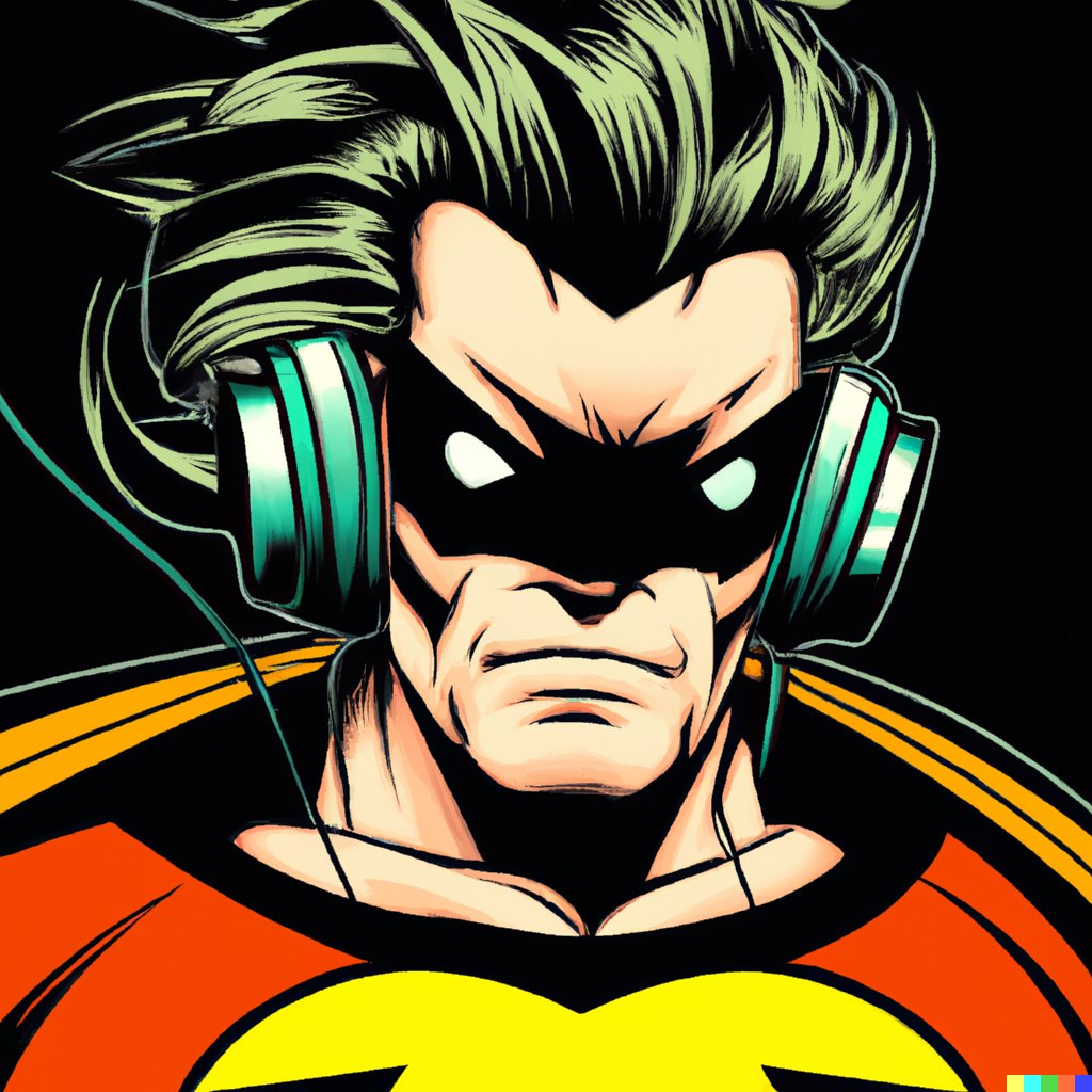 AreySiel's tweet photo. DALL E &amp; HUMANE
"A comic book cover of a superhero wearing headphones" https://t.co/ZvA8Ra8m5d