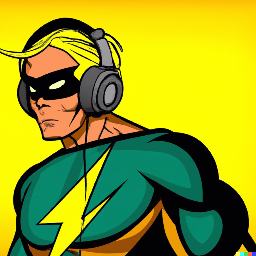 AreySiel's tweet photo. DALL E &amp; HUMANE
"A comic book cover of a superhero wearing headphones" https://t.co/ZvA8Ra8m5d
