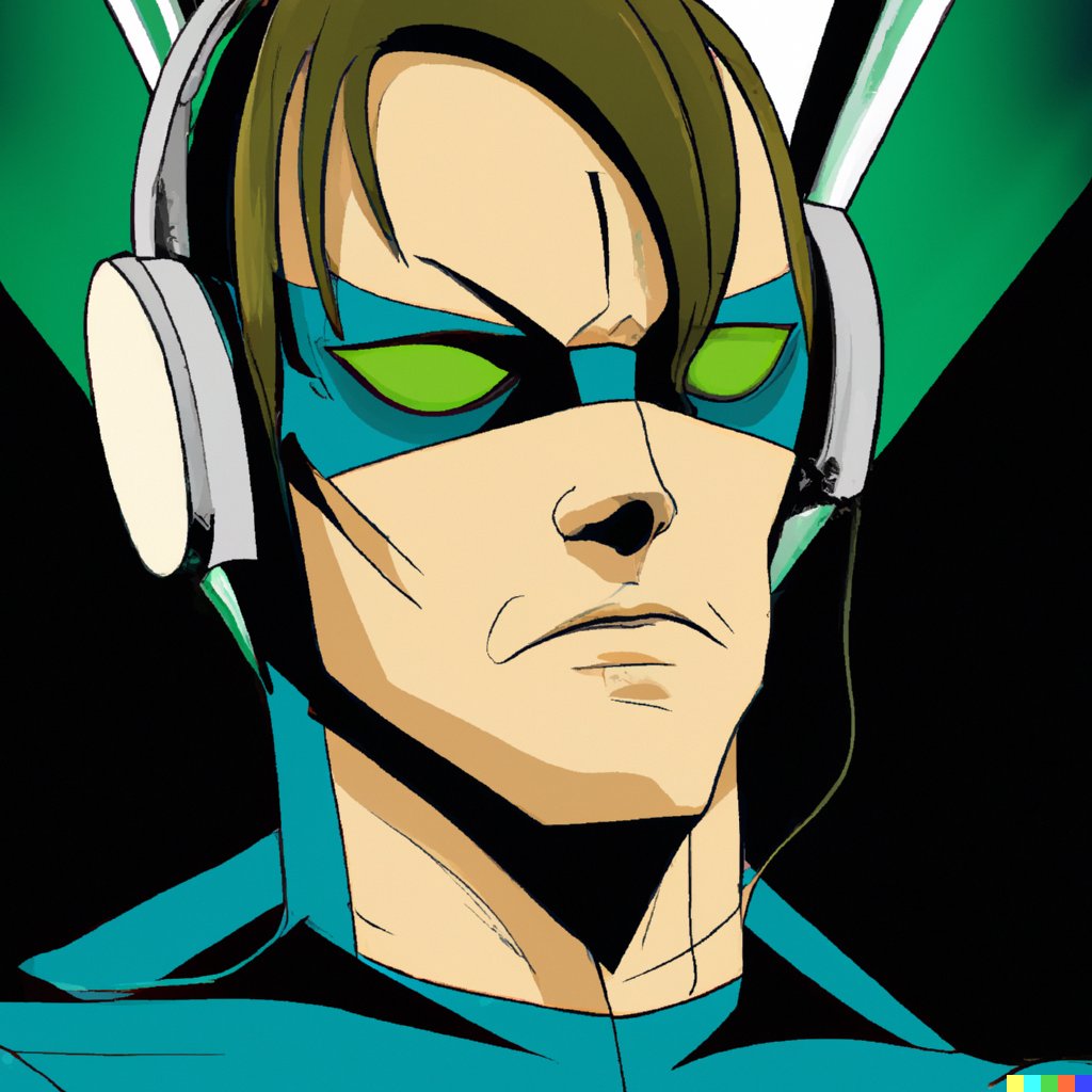 AreySiel's tweet photo. DALL E &amp; HUMANE
"A comic book cover of a superhero wearing headphones" https://t.co/ZvA8Ra8m5d