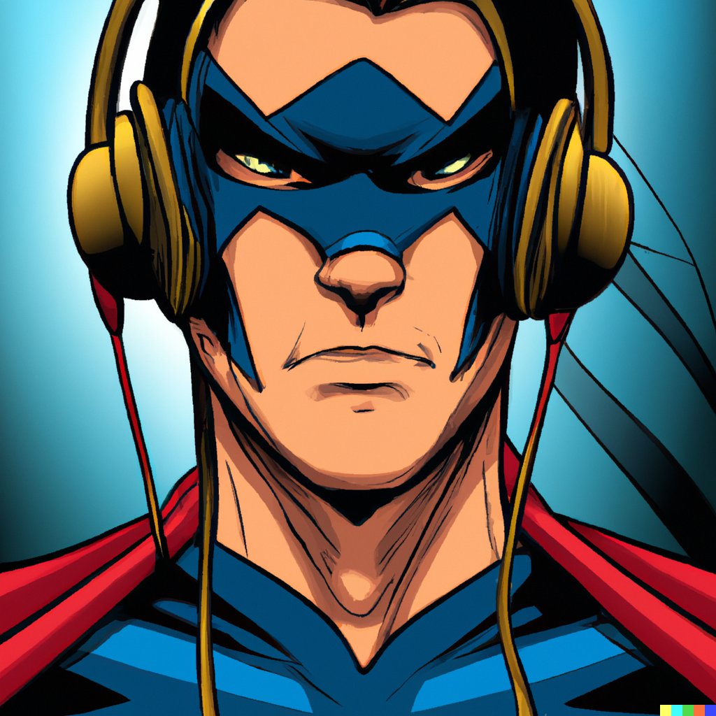 AreySiel's tweet photo. DALL E &amp; HUMANE
"A comic book cover of a superhero wearing headphones" https://t.co/ZvA8Ra8m5d