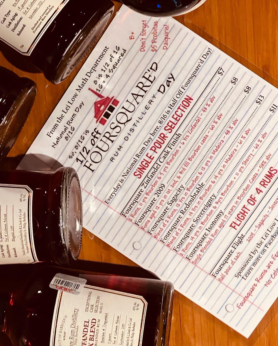 leilowhtx's tweet photo. We’re kicking off Lei Low Rum Fest with FOUR SQUARE DAY!!!
Today is 8/16
8 is 1/2 of 16
16 = 4 Squared 🤯
So 8/16 is 1/2 off
FOURSQUARE RUM !!! Enjoy with a $5 Daiquiri or a pour of @foursquarerumus !
#boom #foursquareday #foursquarerum #barbados #nationalrumday https://t.co/6VTaYHgY4O