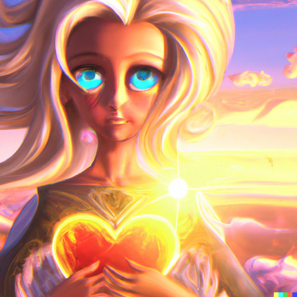 AreySiel's tweet photo. DALL E
- An angel without gender, the eyes are suns, the hair is blonde and has a big heart in the dress, the paradise in the background, digital art high definition 4k https://t.co/8YhiUp5Lg7
