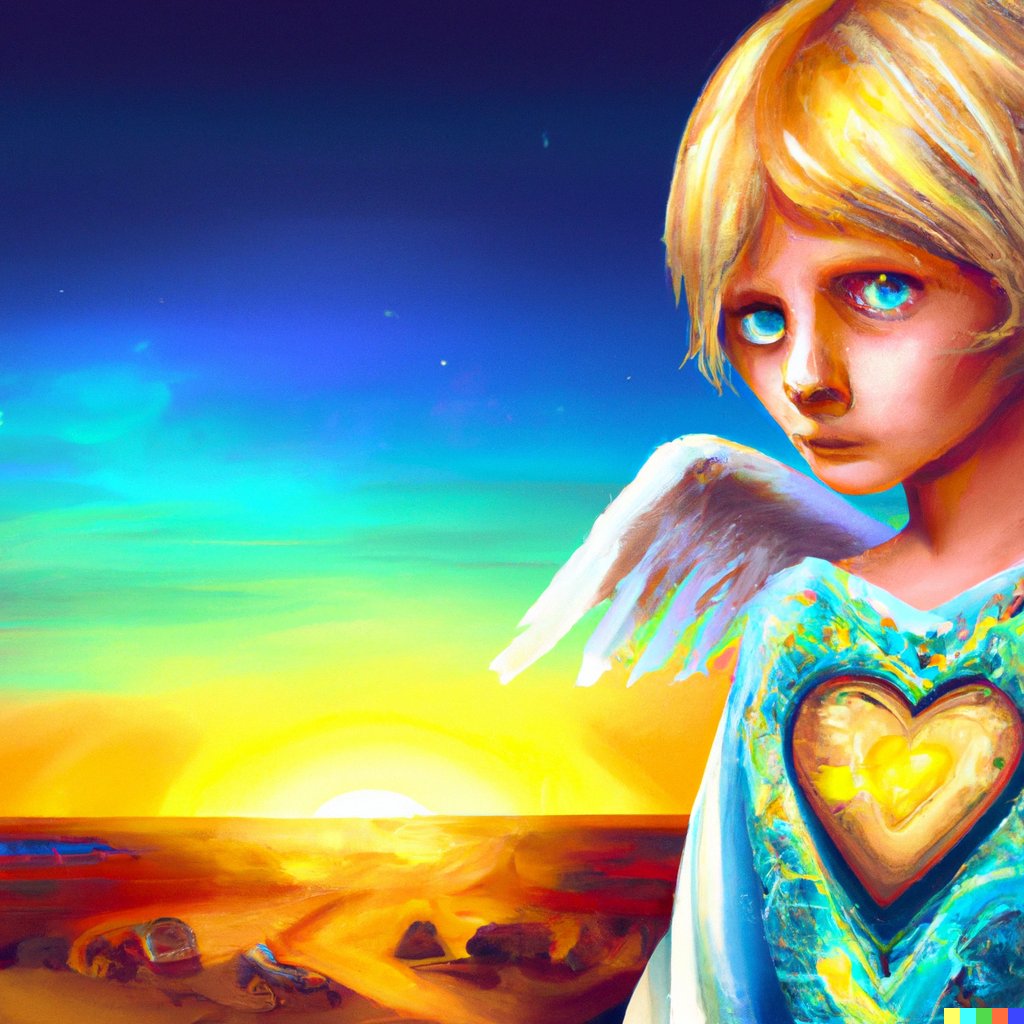 AreySiel's tweet photo. DALL E
- An angel without gender, the eyes are suns, the hair is blonde and has a big heart in the dress, the paradise in the background, digital art high definition 4k https://t.co/8YhiUp5Lg7