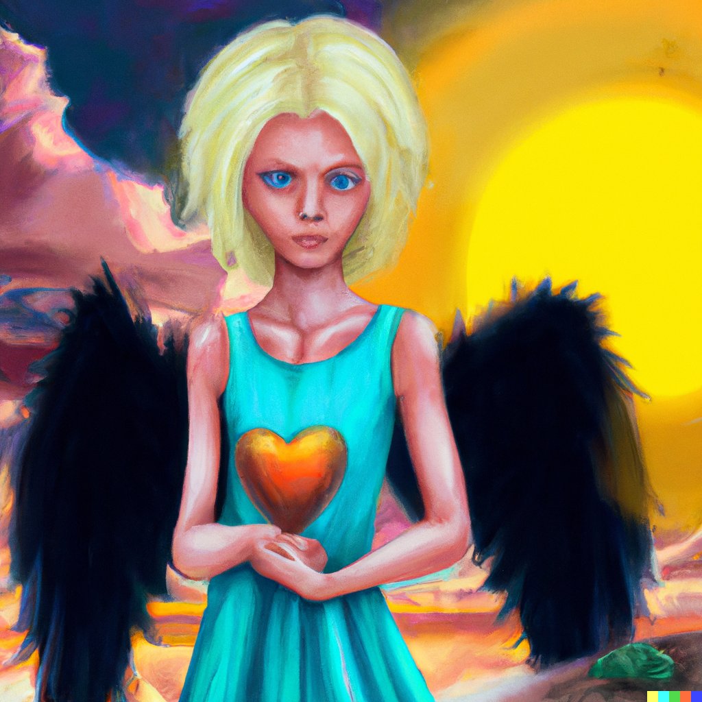 AreySiel's tweet photo. DALL E
- An angel without gender, the eyes are suns, the hair is blonde and has a big heart in the dress, the paradise in the background, digital art high definition 4k https://t.co/8YhiUp5Lg7