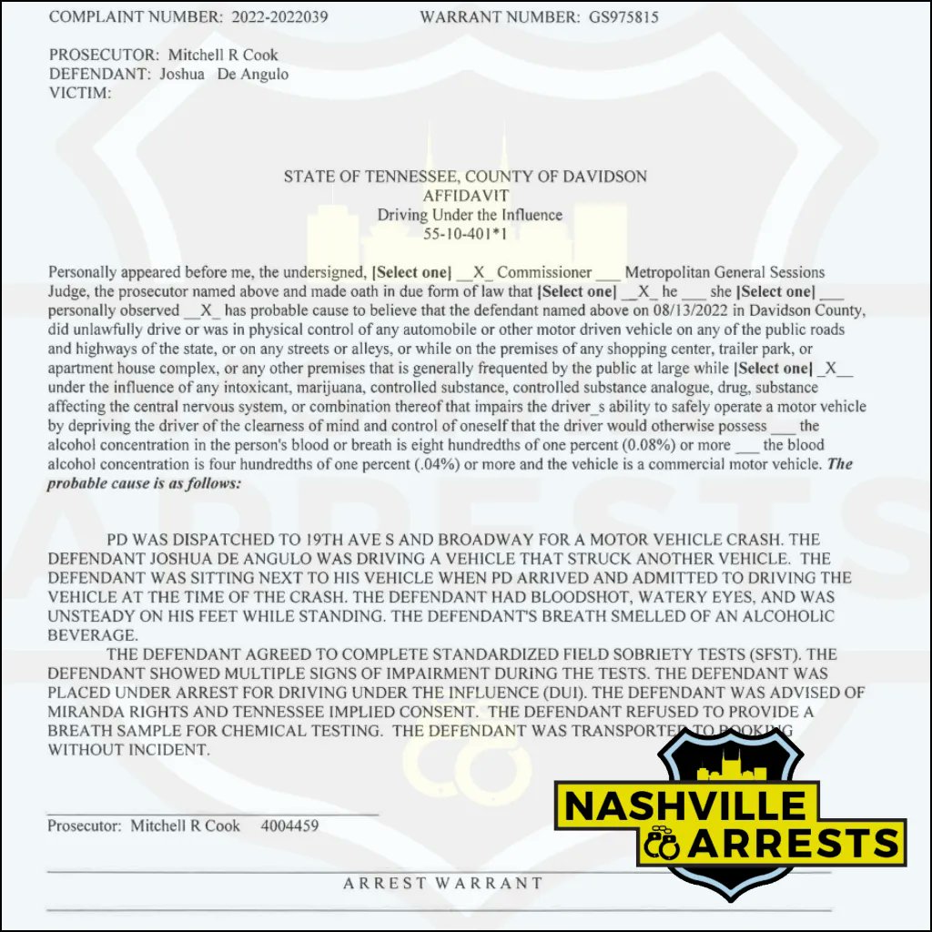 nasharrests's tweet photo. Joshua DeAngulo was booked into the Metro Nashville Jail on August 13th, and charged with driving under the influence (DUI), and violating the implied consent law. A judicial commissioner set his bond at $1,000, and the Davidson County Sheriff’s Office gave him pre-trial release. https://t.co/Vp7BiGfdCO