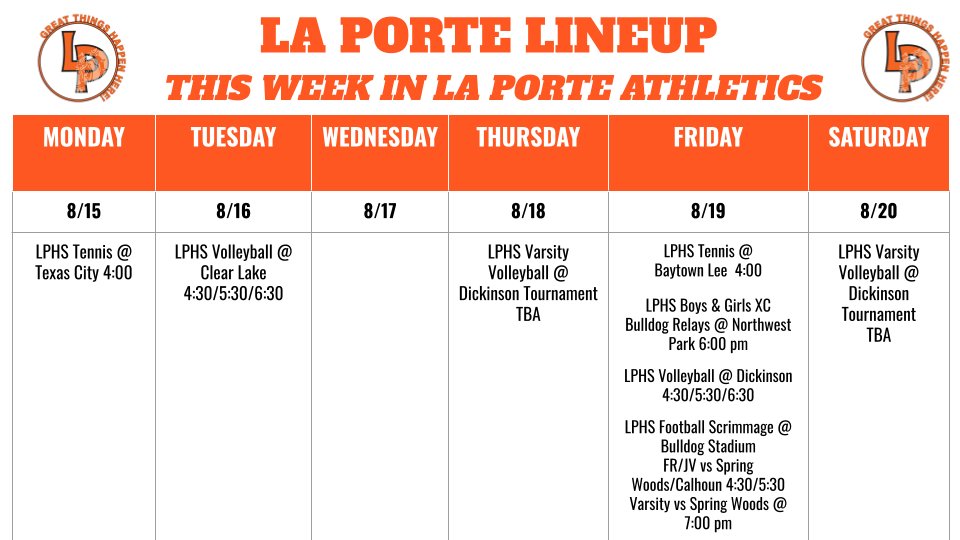 LPISDAthletics's tweet photo. Welcome back Bulldogs!!! Check out the lineup for this week. #ChooseLP https://t.co/RHxH5aLHul