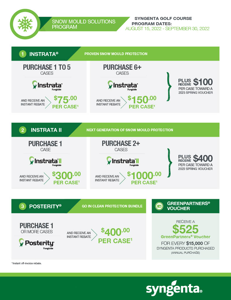 SNOW MOULD SOLUTIONS. Purchase @SyngentaTurfCA Instrata, Instrata II, and Posterity to receive instant rebates and vouchers! Terms and conditions apply. ➡️oscturf.com/Promotions.htm