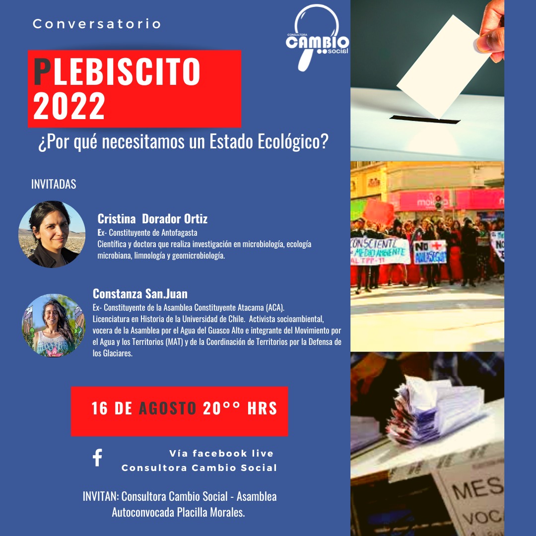 📢 Hoy martes 16 conversaremos sobre Medioambiente y Nueva Constitución a las 20:00 horas junto a la ex convencional <a href="/CotaSanJuan/">Cota San Juan Standen</a> 🙌 Transmisión vía Facebook live Consultora Cambio Social, invita Asamblea Autoconvocada Placilla Morales #Atacama #Copiapó 💟 #ConstituciónEcológica