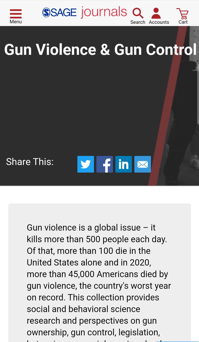 Gun Violence and Gun Control Research Collection. Seems like diverse research articles on these general topics.

 journals.sagepub.com/gun-violence-a…