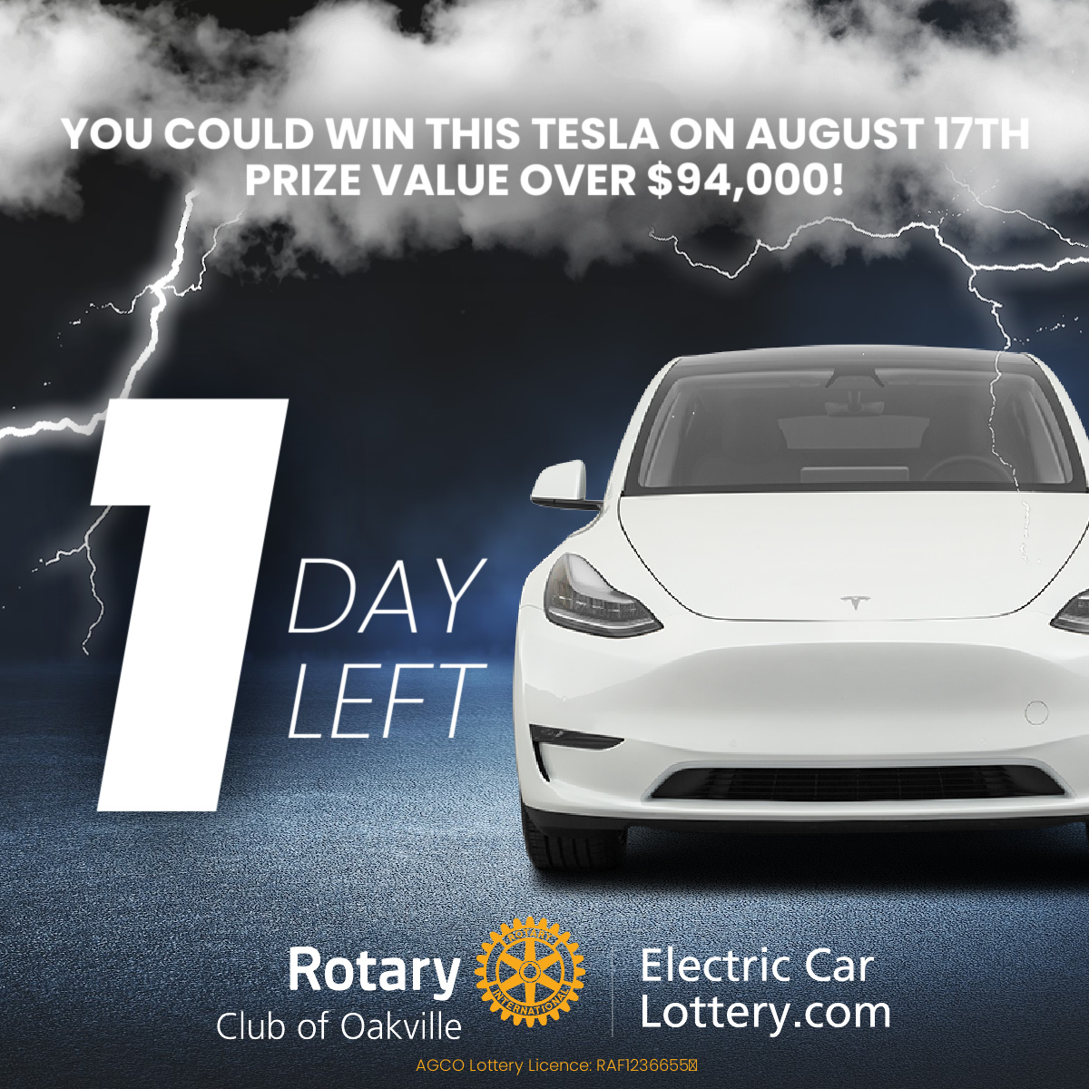 TOMORROW’S THE BIG DAY! Someone will be driving home with a new #Tesla. It could be you. Don't delay, buy your tickets today at ElectricCarLottery.com

#ElectricCarLottery #WinACar #ModelY #SUV #OakvilleRotary