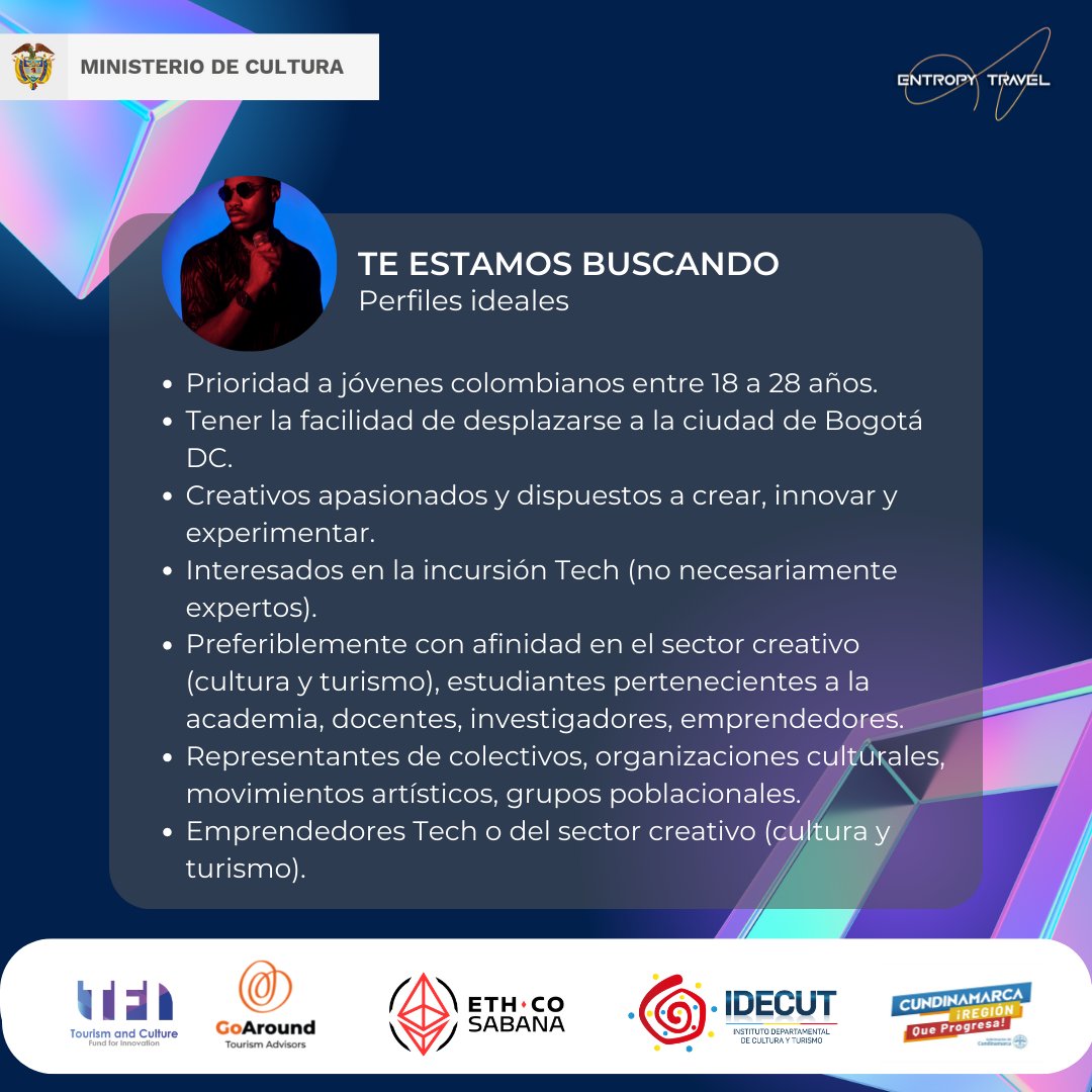 EntropyTravel's tweet photo. ¿Eres tú? ¿Te identificas con este perfil? Inscríbete SIN COSTO🤑 antes del 18  de agosto de 2022 (5pm hora Col). Lee las bases de la convocatoria del EntropyLab y participa aquí: https://t.co/w4w5hpsq7M https://t.co/5duCA61U2H