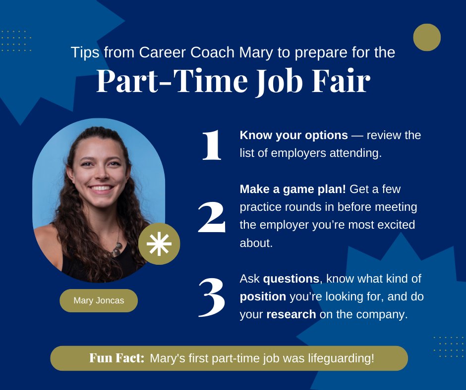 If you need some advice before talking to employers, your #CareerCoaches are here to help. Check out Career Coach Mary’s tips to succeed at the #PartTimeJobFair! ⬇️ Don’t forget to register for the Part-Time Job Fair on Aug. 25 — sign up at stedwards.joinhandshake.com/stu/career_fai…