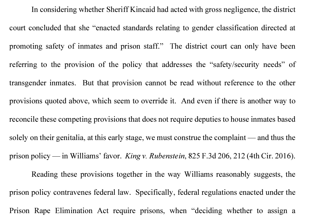 RichardHanania's tweet photo. The court rules that the prison can't assign inmates based on their genitalia. 

"because other inmates will likely view such an inmate’s genitalia as not 'matching' her female gender identity, the inmate’s genitalia will...increase the risk that she will suffer violence." https://t.co/4IvjxA4Z2I