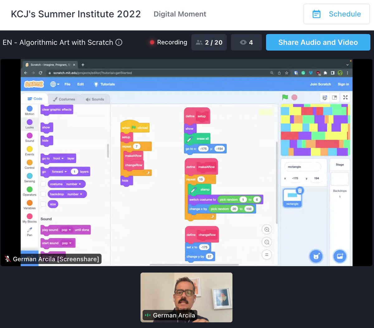 #KCJSummerInstitute 🎉
Algorithmic Art with Scratch with German Arcila 🤩
👉algorithmic art by exploring and recreating paintings by Sol Lewitt
👉programming by using functions
#Coding #Arts🎨
@KidsCoding @_Digitalmoment #Digital2030
 
#IBMSkillsBuild <a href="/ISED_CA/">ISED</a> #DigitalEducation