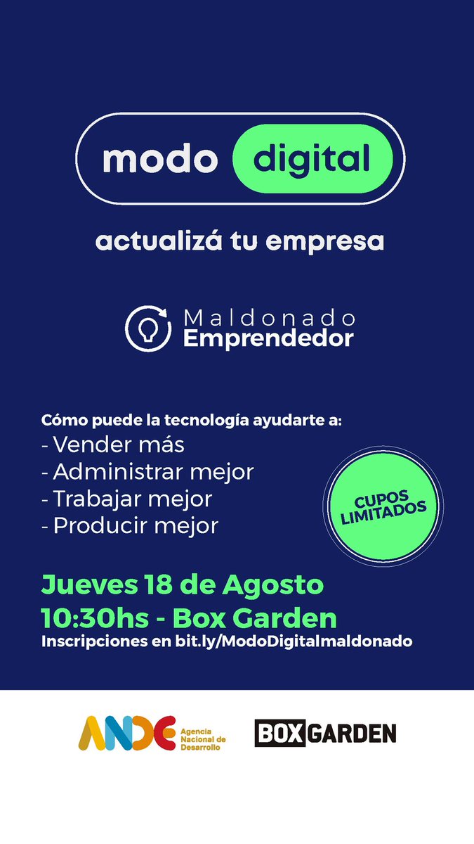 AnaLauraTrias's tweet photo. 🔴ATENCIÓN MALDONADO!!!
✅Miércoles 17 -18:30h en ArisconaBar nos sumamos al Café entre Empresarios de @AJEUruguay y #MaldonadoEmprendedor.
✅Jueves 18 -10:30 en #BoxGarden invitamos a las mypimes de Maldonado para conocer #ModoDigital.
Se mueve el @UruguayEmprendedor https://t.co/GOqjlMncRE