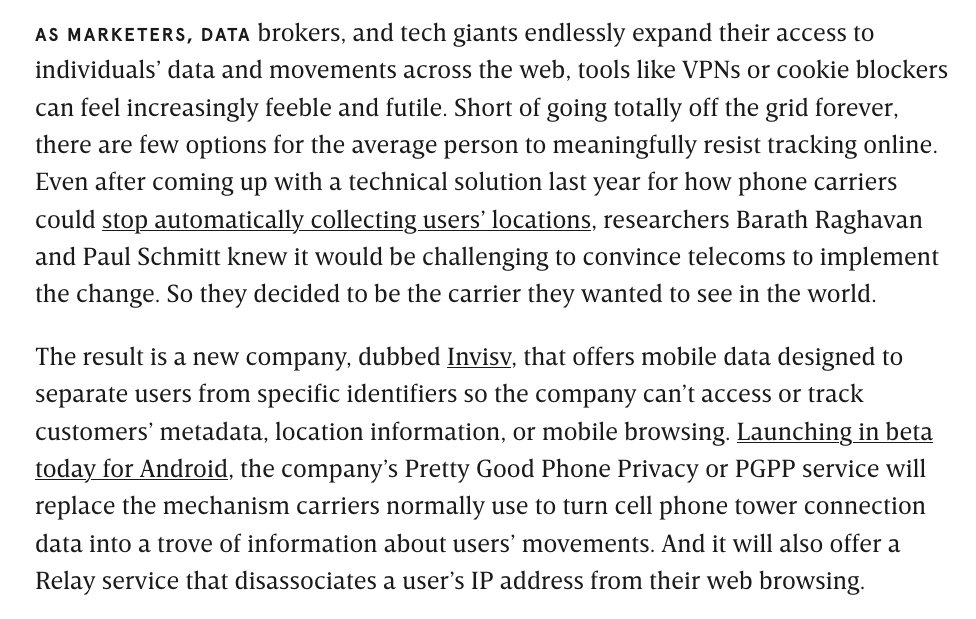 Meaningness's tweet image. 🕵️📱 New anti-tracking for Android that is technically cool and seems like a big deal! Your telco sells whatever you do on your phone to whoever. This prevents an ISP from knowing who you are, only that you are authorized on their network; and stops them snooping on your data.
