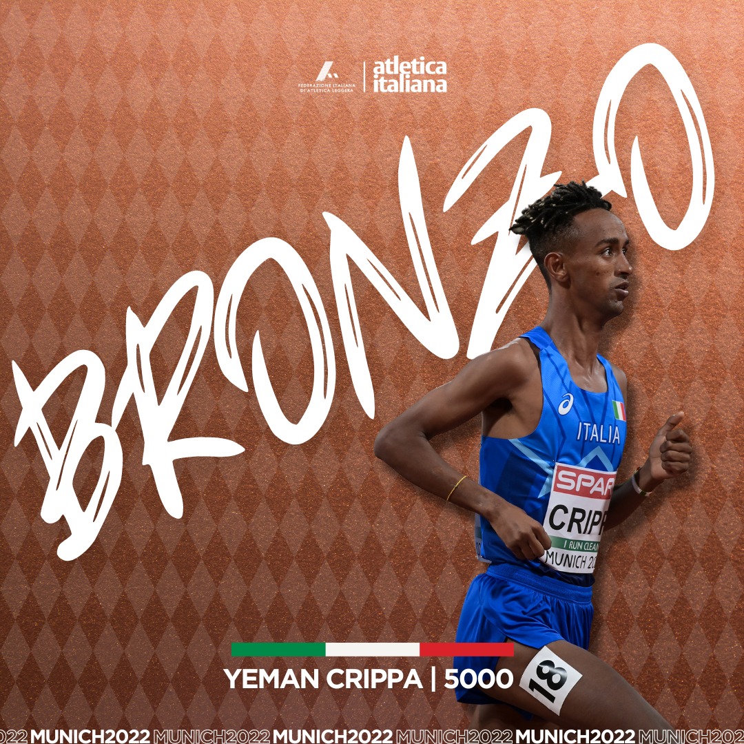 atleticaitalia's tweet photo. #Munich2022 𝐂𝐑𝐈𝐏𝐏𝐀 𝐁𝐑𝐎𝐍𝐙𝐎𝐎𝐎𝐎𝐎

🔥 L'azzurro Yeman Crippa è medaglia di bronzo agli Europei di Monaco nei 5000 metri con il tempo di 13:24.83

#BackToTheRoofs https://t.co/1E6XkXzFBc