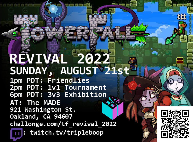 DrSkipper_'s tweet photo. TowerFall Revival tournament is coming up THIS SUNDAY in Oakland, CA!!! Come hang out and play some TF with us 😊🏹
Register: https://t.co/t5I7drg0um
#TowerFall #esports #TheMADE https://t.co/YmLrSF9LiL