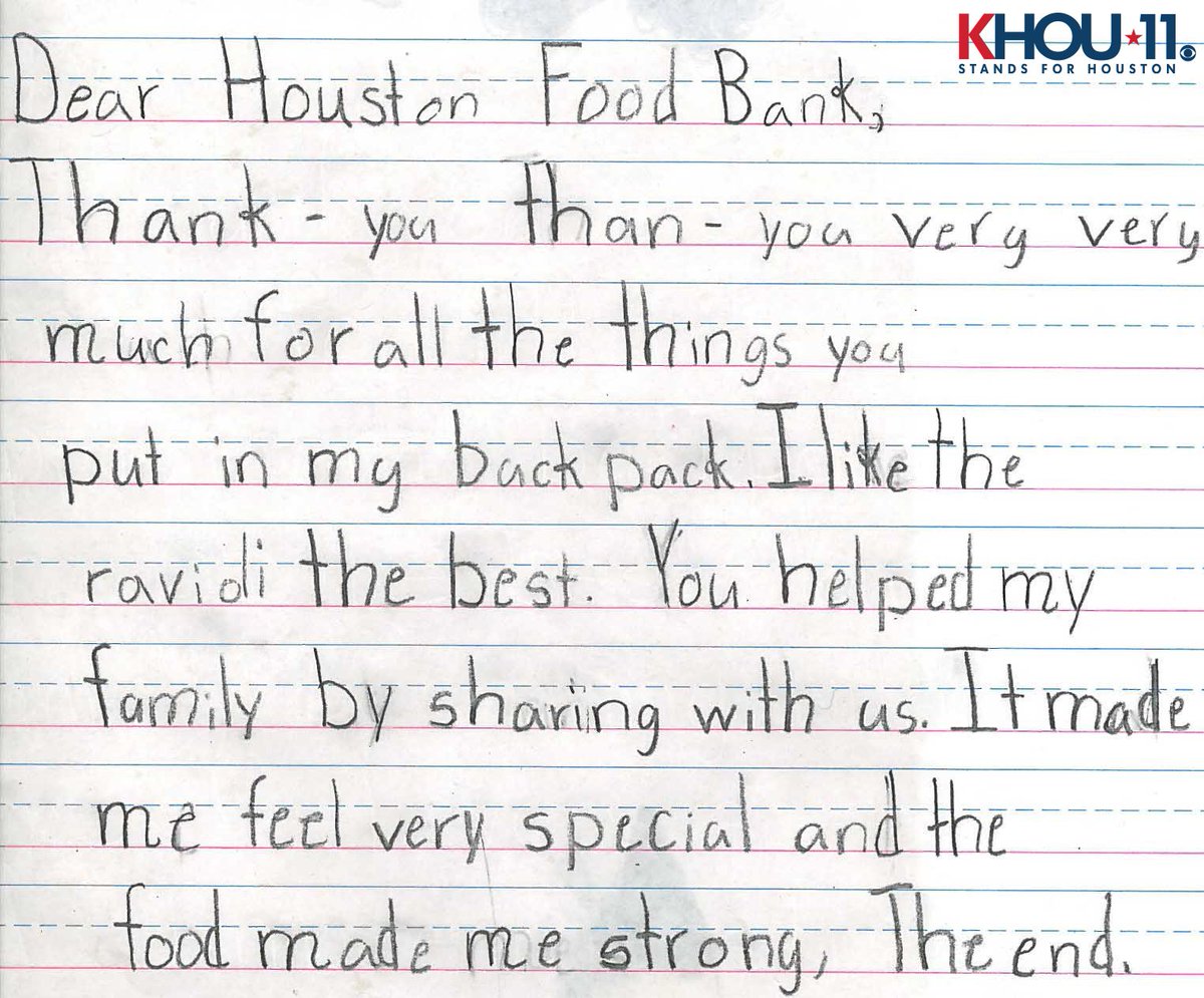KHOU's tweet photo. 🍏 Thank you to our Backpack Buddy supporters! Letters from kids who have been fed through this wonderful @HoustonFoodBank program helping thousands of chidren across the city! #standingforhouston #khou11 | Donate: https://t.co/UZxnTMEjum https://t.co/gF6VerDvQD