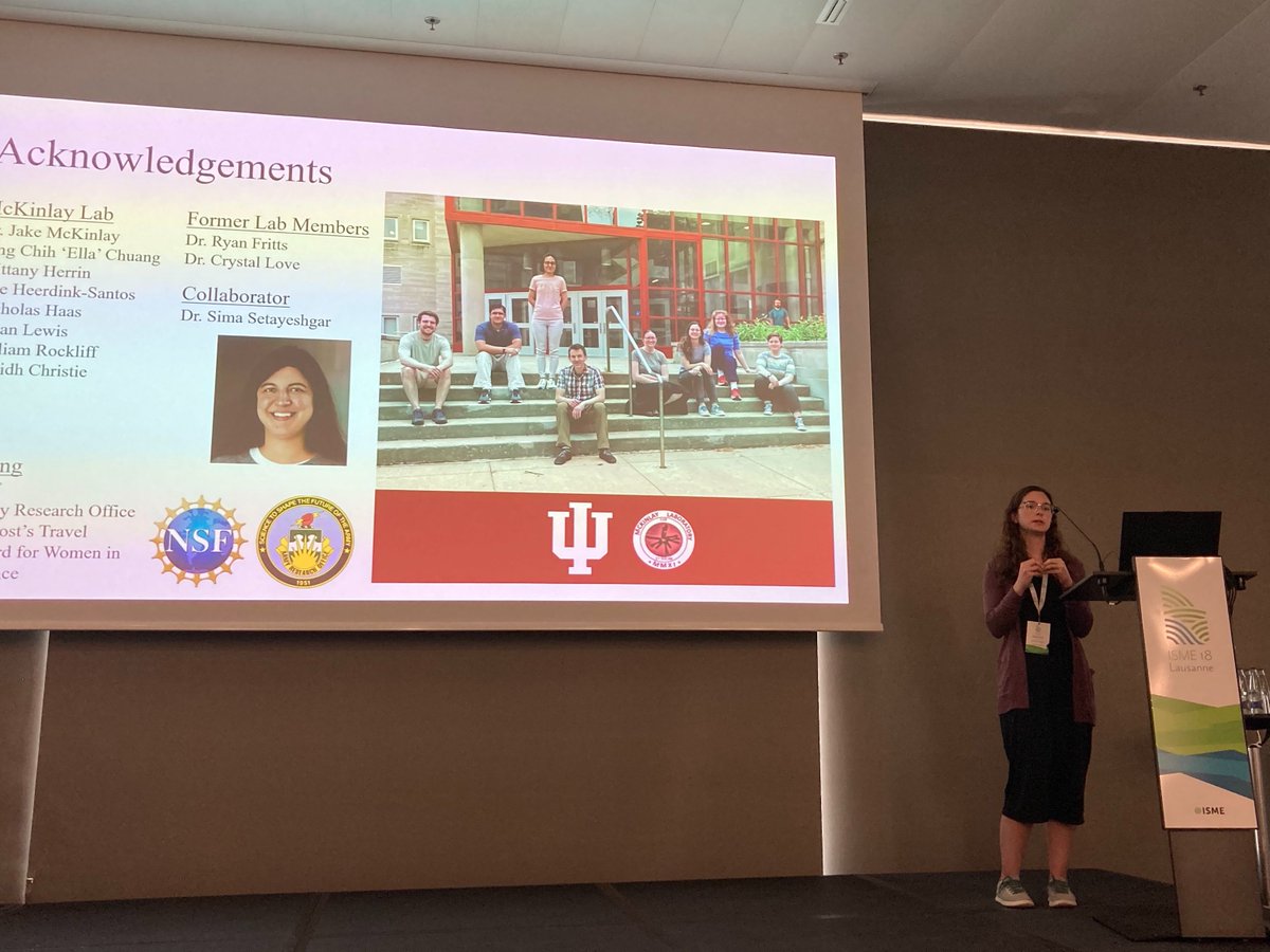 mckinlab's tweet photo. Grad student @sheff_olivia gives a great talk on cross-feeding conditions that support gene loss, today at #ISME18 in Lausanne. 4/4 grad students presented talks or posters this Summer! https://t.co/eYucwa83xH
